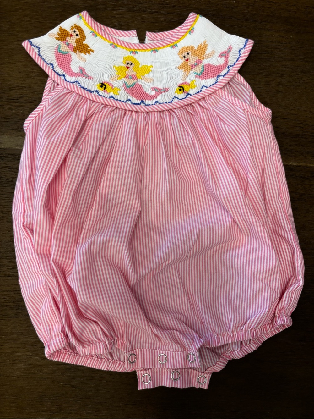 Pink Striped Baby One-Piece Romper with Smocked Mermaid Yoke